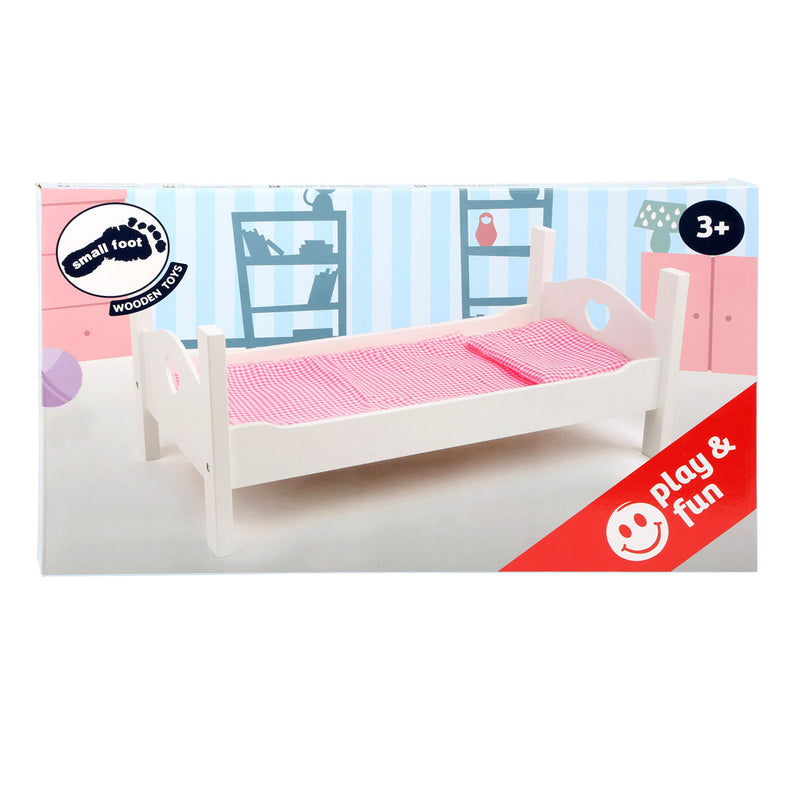 Load image into Gallery viewer, Small foot houten poppenbed met beddengoed 50 cm wit roze