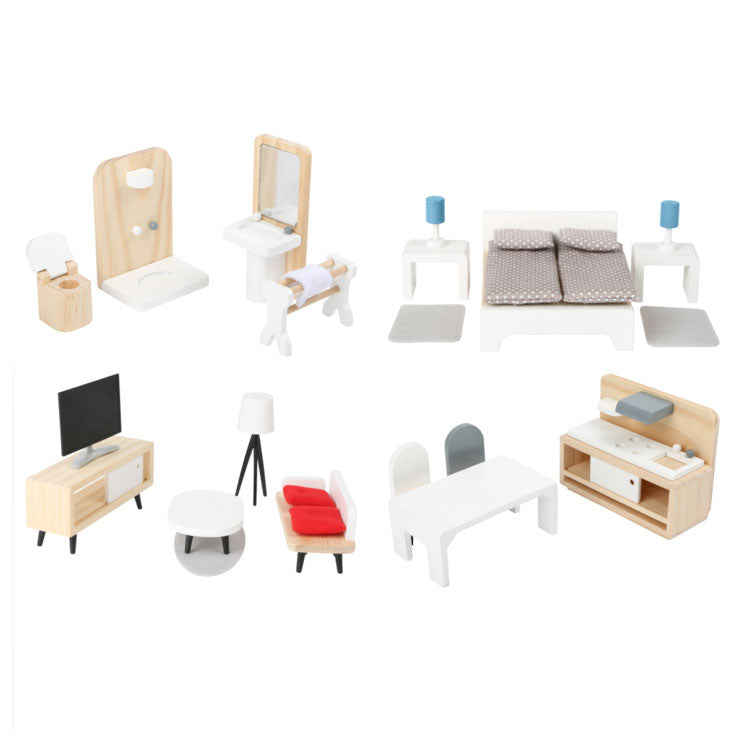 Afbeelding laden in galerijviewer, Small foot - houten poppenhuis meubeltjes complete set, 28dlg.
