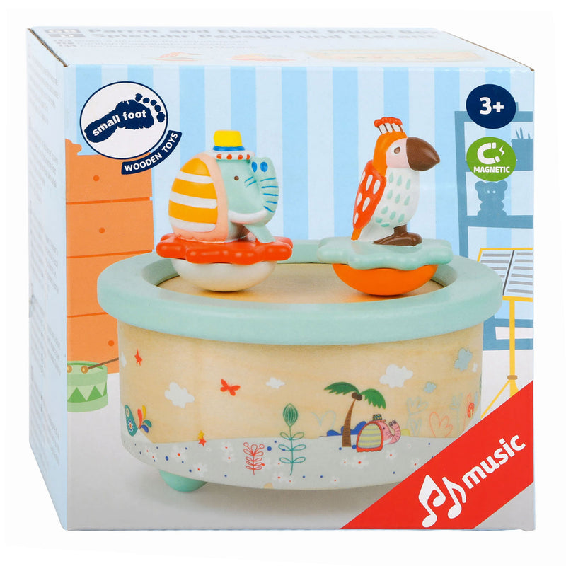 Load image into Gallery viewer, Small foot - houten muziekdoos papegaai en olifant