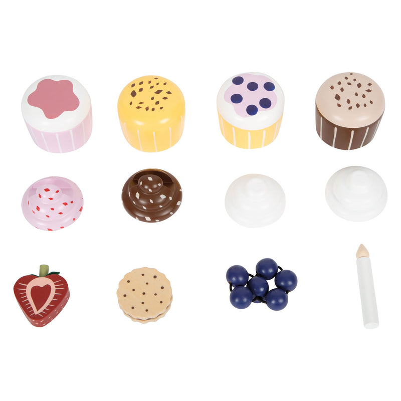 Load image into Gallery viewer, Small foot - houten speeleten etagere met cupcakes, 13dlg.