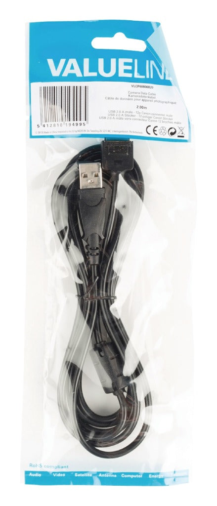 Load image into Gallery viewer, Valueline vlcp60806b20 camera data kabel usb 2.0 a male - 12p canon connector male 2,00 m zwart