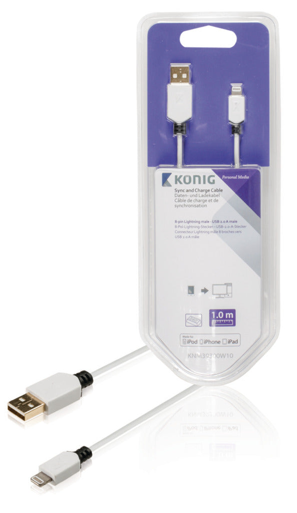 Load image into Gallery viewer, K ouml;nig knm39300w10 sync and charge kabel 8-pins lightning male - usb 2.0 a male 1,00 m wit