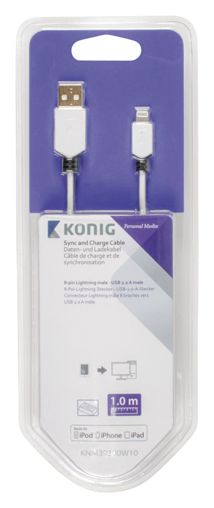 Load image into Gallery viewer, K ouml;nig knm39300w10 sync and charge kabel 8-pins lightning male - usb 2.0 a male 1,00 m wit