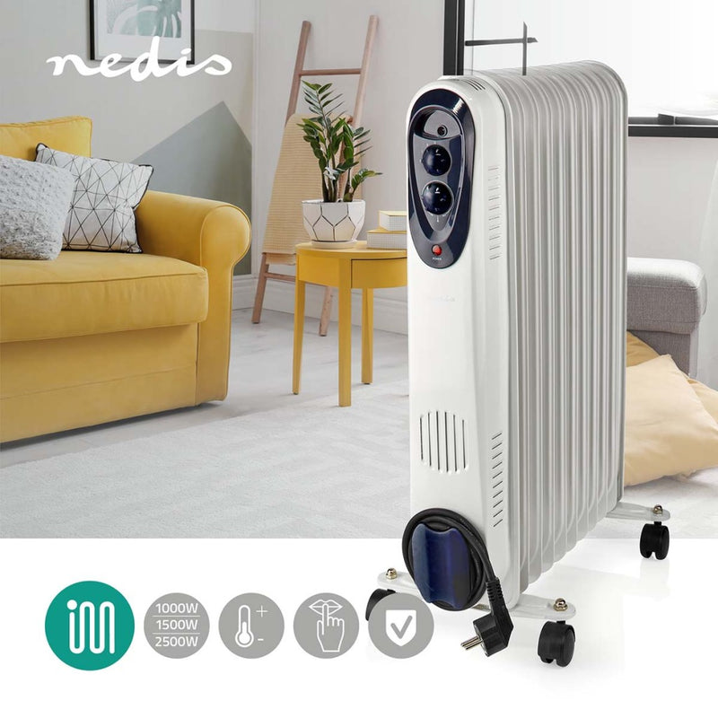Load image into Gallery viewer, Nedis htoi30wt11 mobiele olieradiator 1000 1500 2500 w 11 vinnen instelbare thermostaat 3 warmte standen omvalpreventie wit