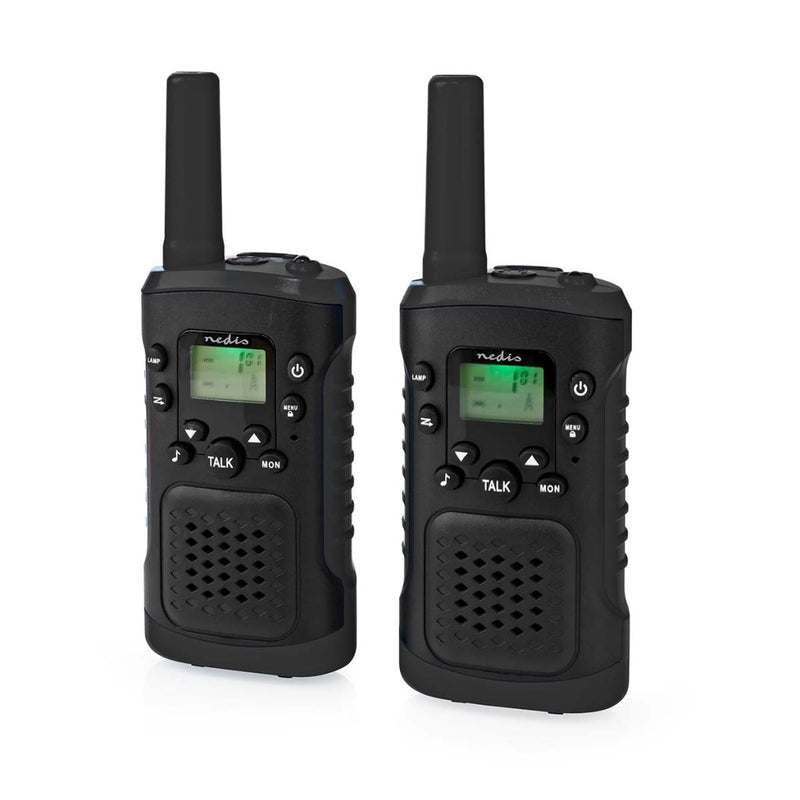 Load image into Gallery viewer, Nedis wltk0610bk walkie talkie set 2 handsets tot 6 km frequentiekanalen: 8 ptt vox tot 3 uur koptelefoonoutput 2 headsets zwart