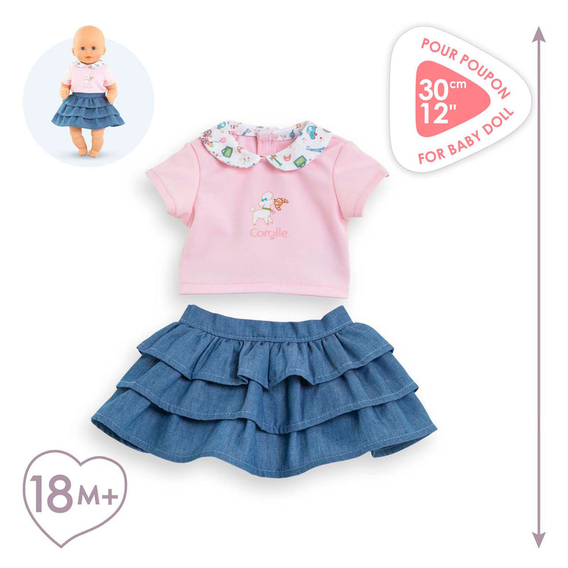 Afbeelding laden in galerijviewer, Corolle rok met ruches en t-shirt voor babypop, 30cm.