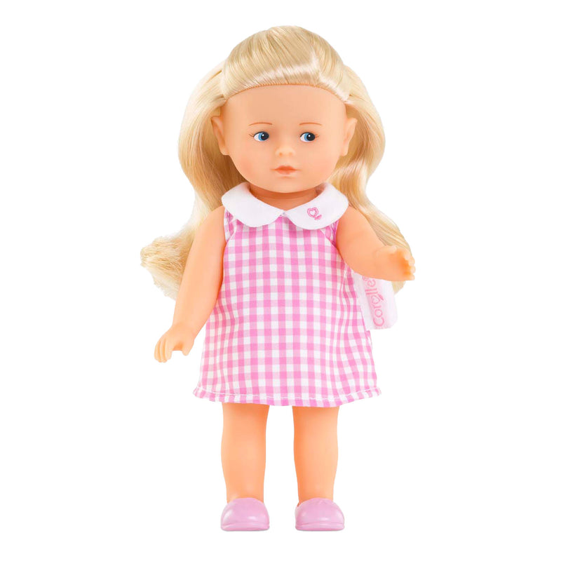 Load image into Gallery viewer, Corolle babypop mini corolline rosy met roze geruite jurk pop.