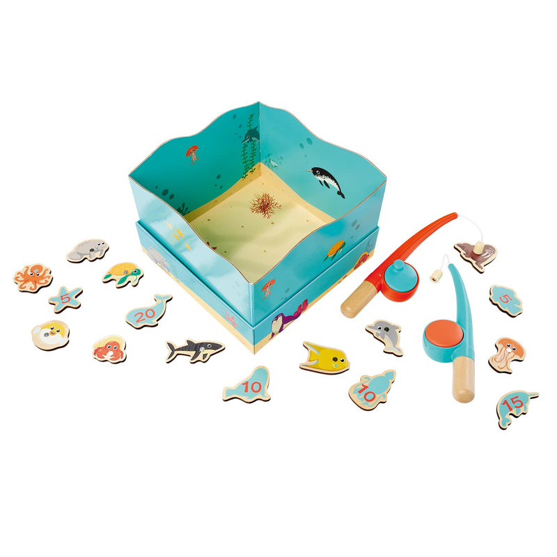 Load image into Gallery viewer, Simba houten visspel educatief speelgoed aquarium magneet hengel 19-delig.