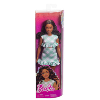 Load image into Gallery viewer, Barbie pop - pop met donkerbruin haar en groen geruit jurkje - modepop
