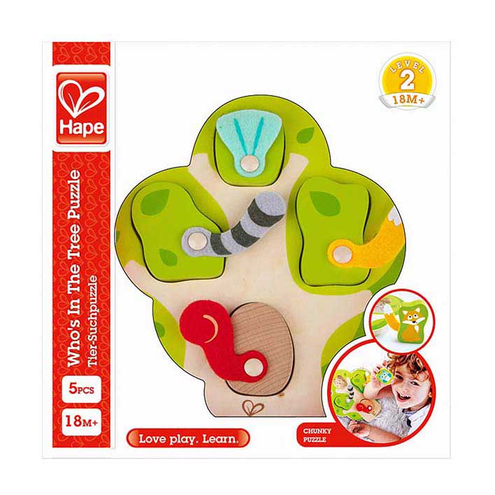 Load image into Gallery viewer, Hape wie zit er in de boom vormenpuzzel - 5dlg.