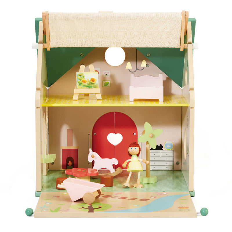 Load image into Gallery viewer, Classic world houten poppenhuisje - poppenhuis met tuintje en accessoires.