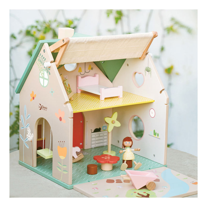 Load image into Gallery viewer, Classic world houten poppenhuisje - poppenhuis met tuintje en accessoires.