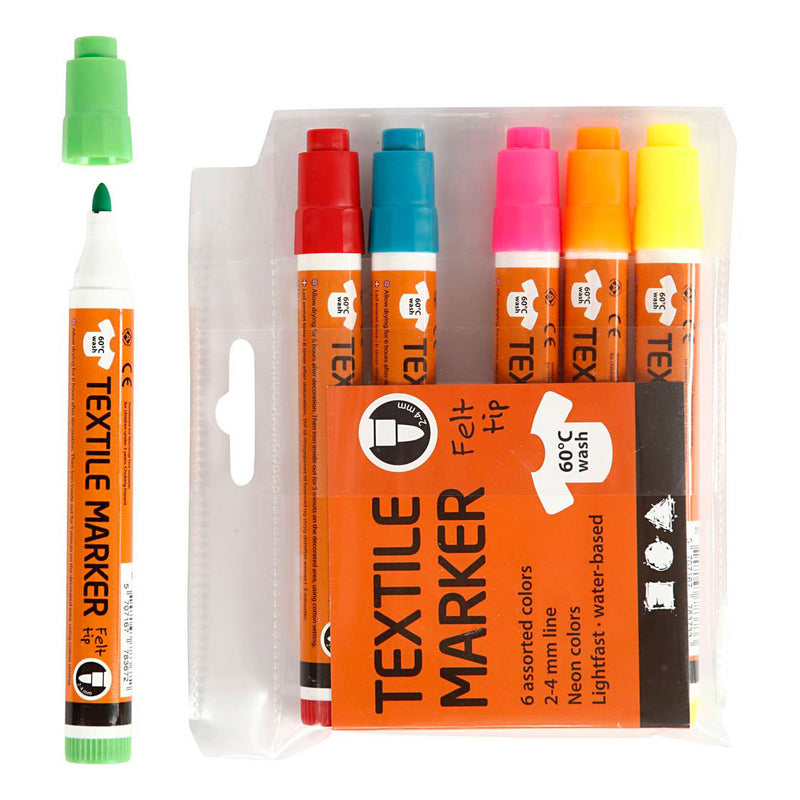 Afbeelding laden in galerijviewer, Creativ company textielstiften neon kleuren - lijndikte 2-4mm - 6st.