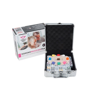Load image into Gallery viewer, Engelhart domino dubbel 12 mexican train – 91 stenen met gekleurde ogen – luxe aluminium koffer met handvat – inclusief station treinen – strategisch familiespel –