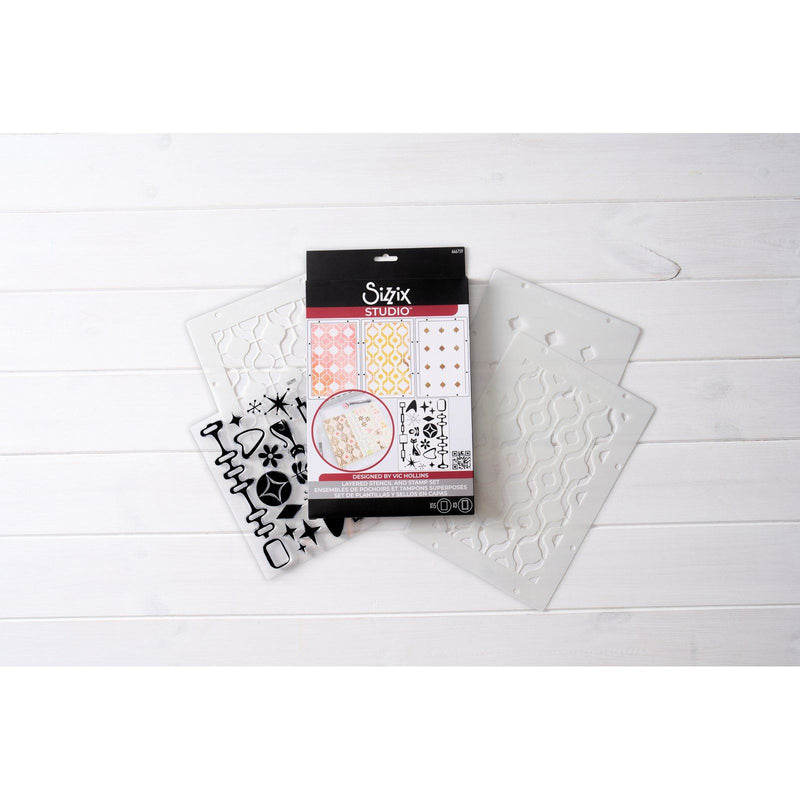 Load image into Gallery viewer, Sizzix • studio stamps set 15pcs 3pcs stencils retro by vic hollins