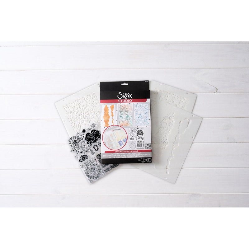 Load image into Gallery viewer, Sizzix • studio stamps set 14pcs 3pcs stencils ornate by vic hollins