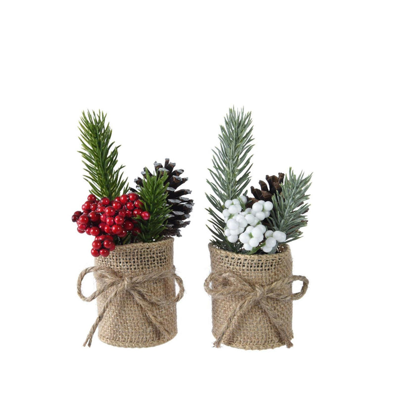 Afbeelding laden in galerijviewer, Decoris kunst kerststukje in jute pot met bessen wit rood ã˜5xh15cm 2 assorti