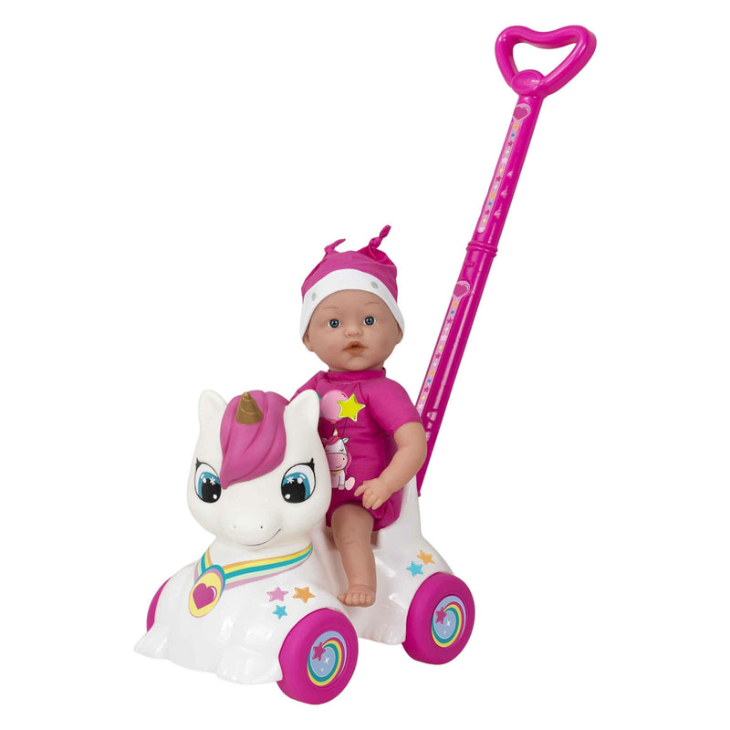 Afbeelding laden in galerijviewer, Dollicorn babypop met eeenhoorn loopauto - 37cm