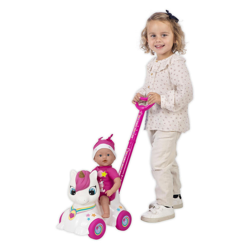 Afbeelding laden in galerijviewer, Dollicorn babypop met eeenhoorn loopauto - 37cm