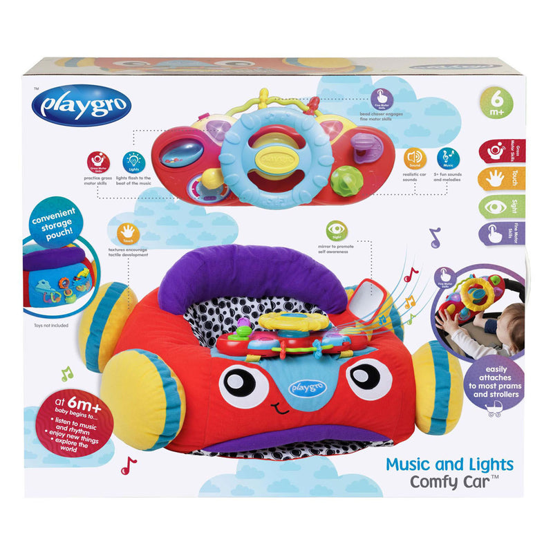 Load image into Gallery viewer, Playgro comfy car - pluchen zitkussen baby - speelkussen baby - activiteitenkussen - babyspeelgoed - interactief baby speelgoed - babygym - speelkleed baby - pluchen auto baby - auto - kraamcadeau - met licht en geluid