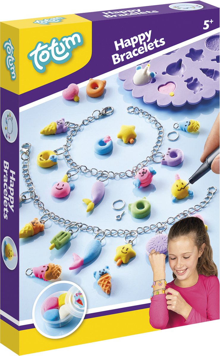 Afbeelding laden in galerijviewer, Totum vrolijke bedelarmbandjes maken happy bracelets - met zelfhardende klei en herbruikbare mal- creatief speelgoed meisjes vanaf 5 jaar