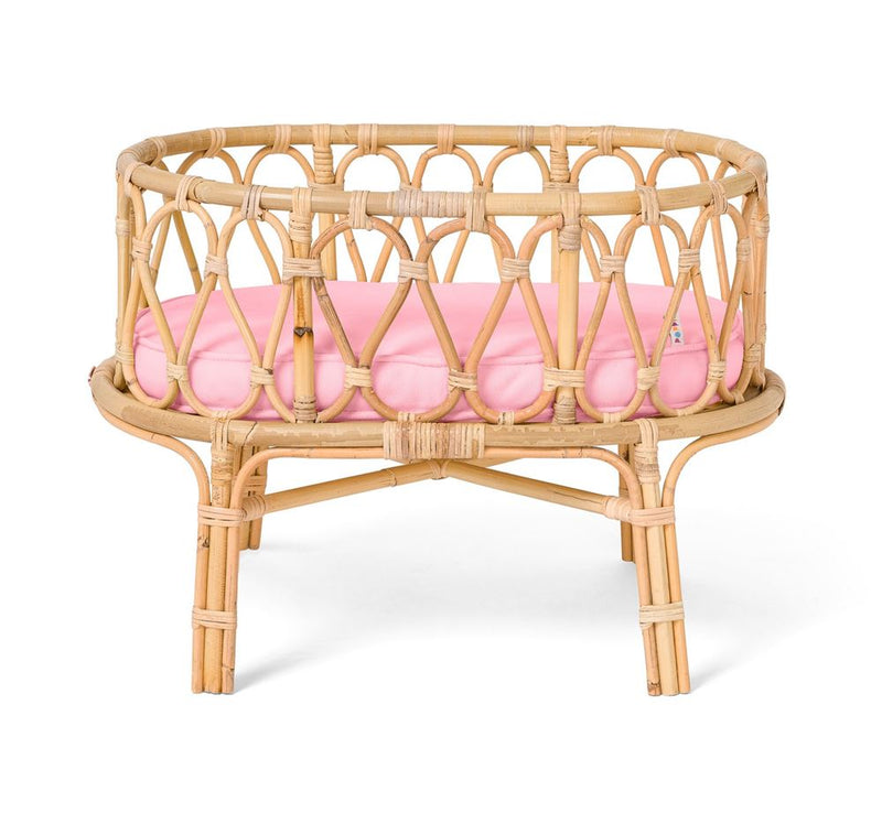 Load image into Gallery viewer, Rotan poppenwiegje met roze matrasje