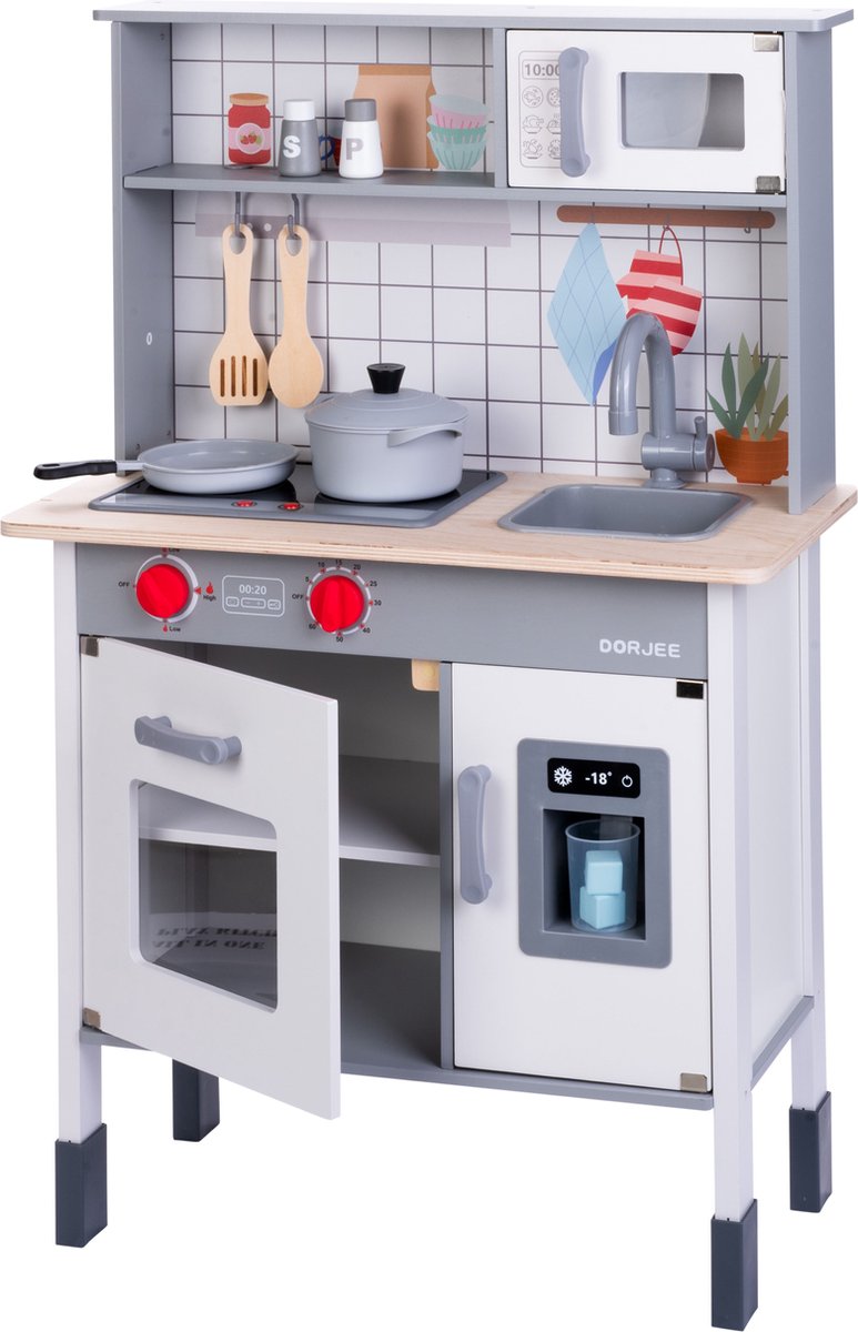 Load image into Gallery viewer, Dorjee houten speelkeuken – complete kinderkeuken met accessoires – oven, magnetron koelkast – inclusief pannen, spatels ijsmachine – kinderspel fantasiespel –