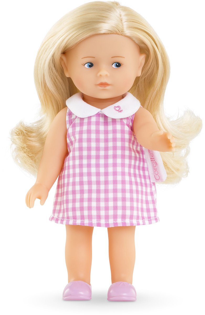 Load image into Gallery viewer, Corolle babypop mini corolline rosy met roze geruite jurk pop.