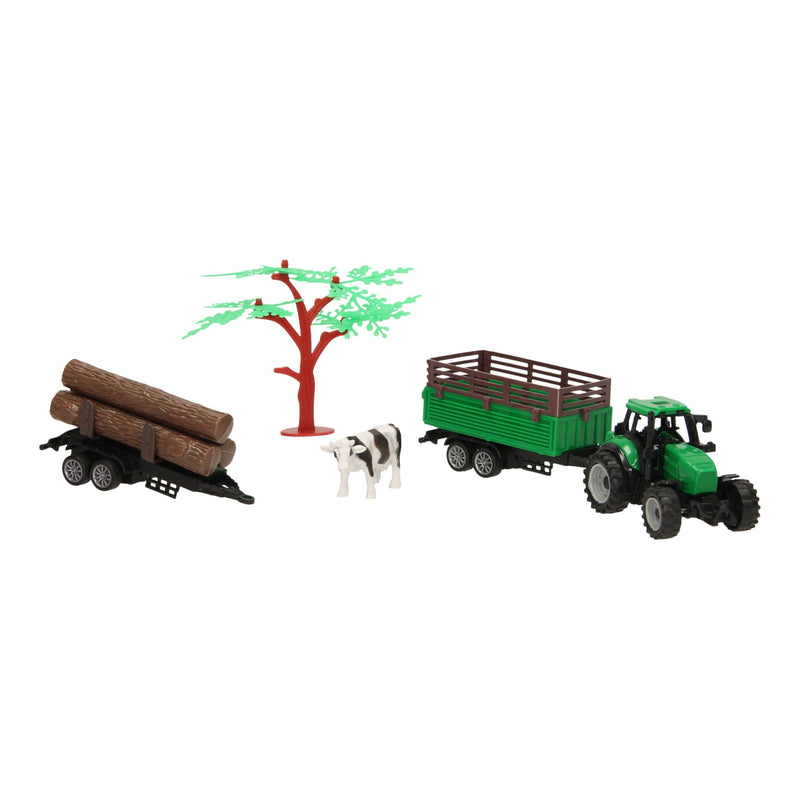 Load image into Gallery viewer, Tractor met aanhangwagen, boomstammen en koe