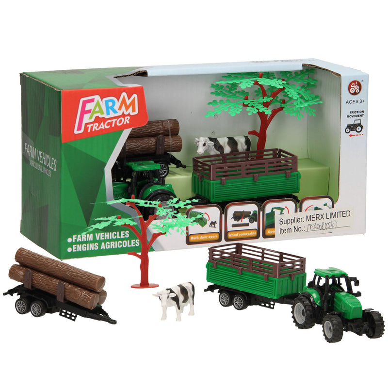 Load image into Gallery viewer, Lobbes tractor met aanhangwagen, boomstammen en koe