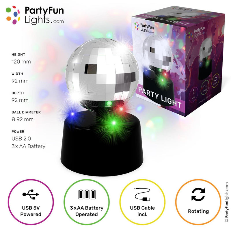 Afbeelding laden in galerijviewer, Partyfun lights tafellamp mini mirror disco led multi colour werkt op 3xaa batterijen en usb roterend