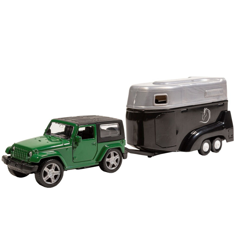 Afbeelding laden in galerijviewer, Basic city die-cast jeep met paardentrailer groen zwart