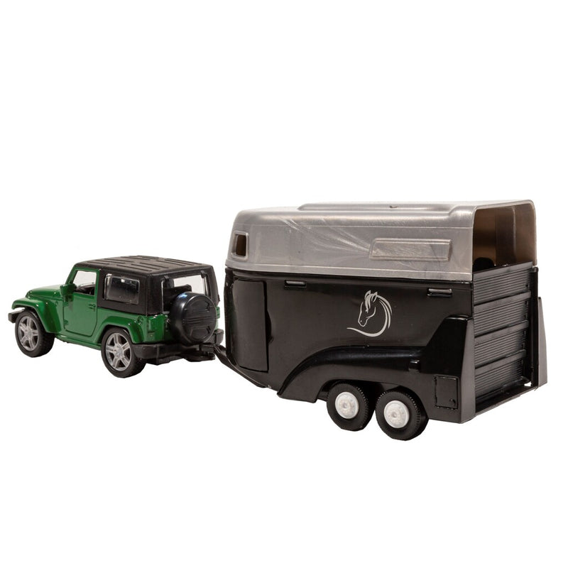 Afbeelding laden in galerijviewer, Basic city die-cast jeep met paardentrailer groen zwart