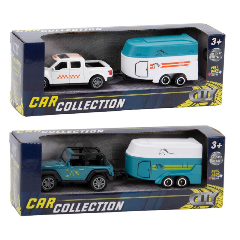 Afbeelding laden in galerijviewer, City car collection die-cast pick-up met paardentrailer 1:50 assorti