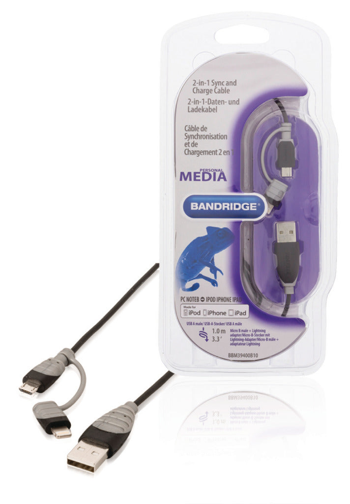 Load image into Gallery viewer, Bandridge bbm39400b10 2-in-1 data en oplaadkabel usb micro-b male + lightningadapter - a male 1.00 m zwart