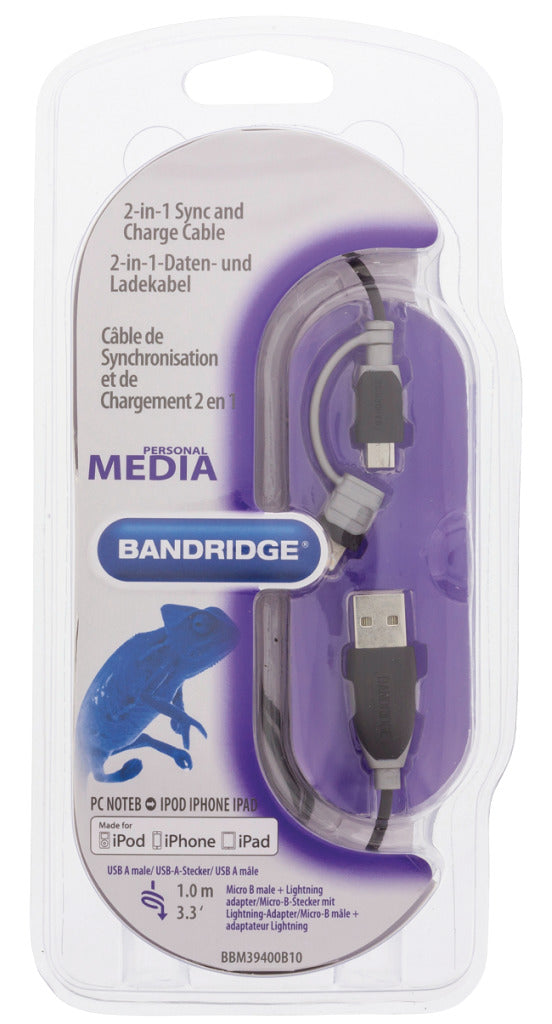 Load image into Gallery viewer, Bandridge bbm39400b10 2-in-1 data en oplaadkabel usb micro-b male + lightningadapter - a male 1.00 m zwart