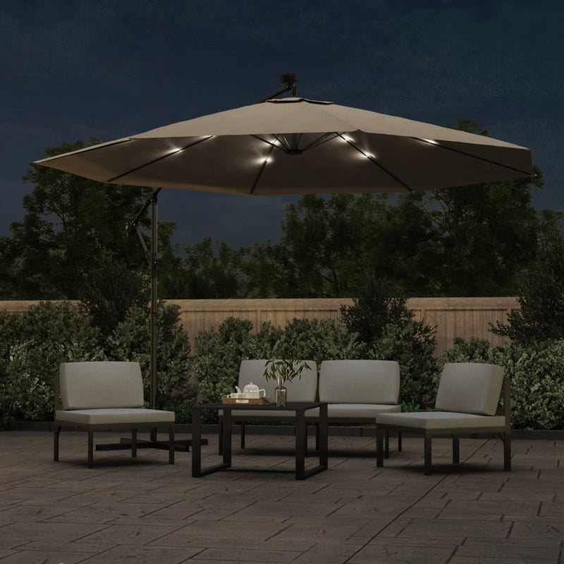Load image into Gallery viewer, VidaXL Zweefparasol met LED-verlichting en metalen paal 350 cm taupe