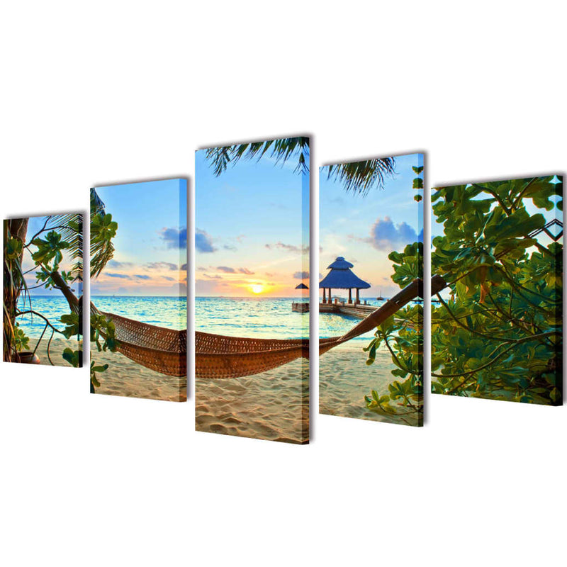 Afbeelding laden in galerijviewer, Vidaxl canvas muurdruk set zandstrand met hangmat 100 x 50 cm