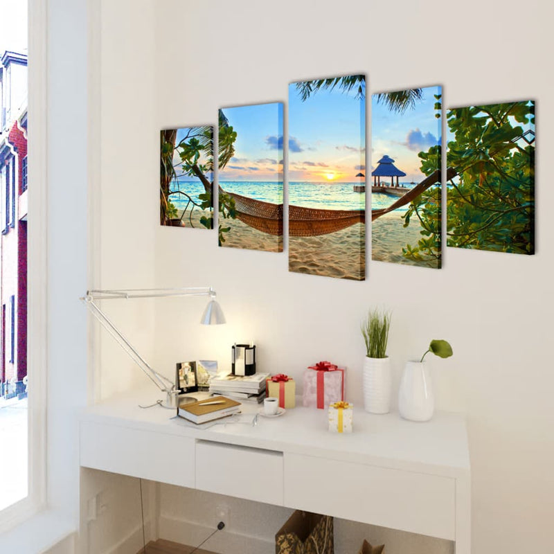 Afbeelding laden in galerijviewer, Vidaxl canvas muurdruk set zandstrand met hangmat 100 x 50 cm