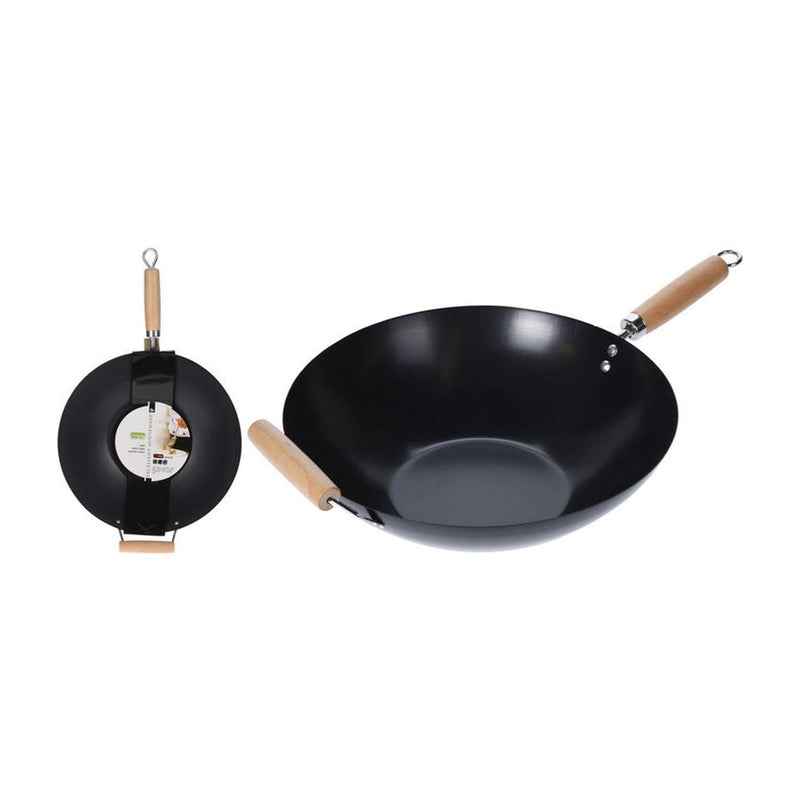Afbeelding laden in galerijviewer, Excellent houseware wok carbon staal ã˜35cm met houten handgrepen