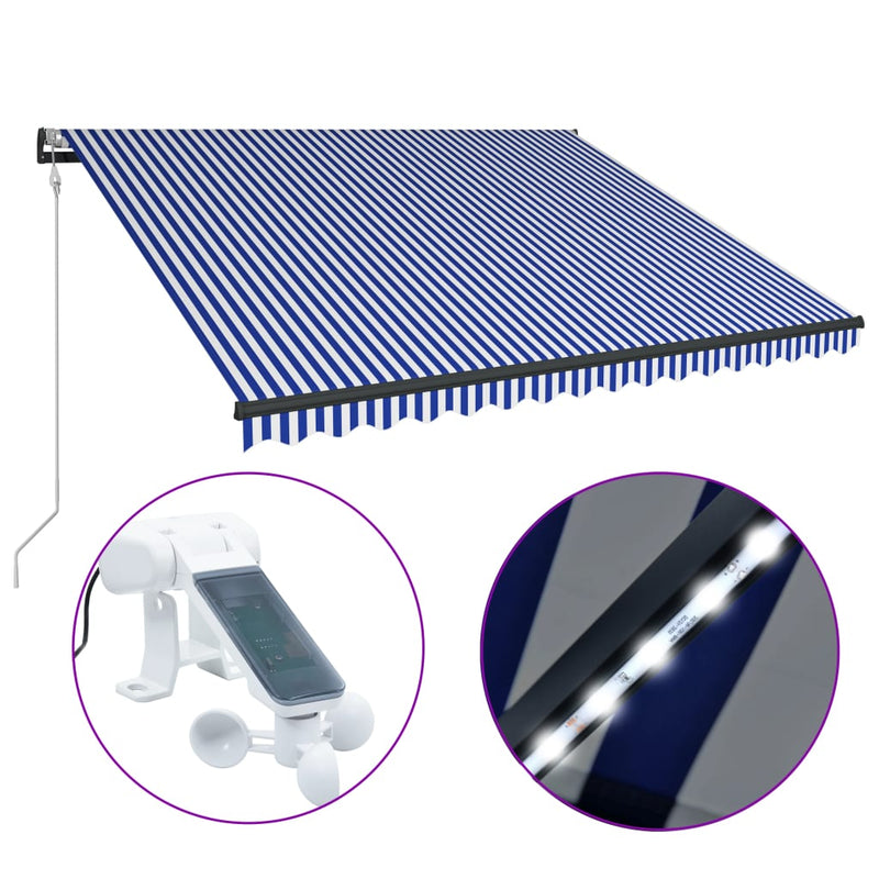 Load image into Gallery viewer, VidaXL Luifel met windsensor en LED 450x300 cm blauw en wit