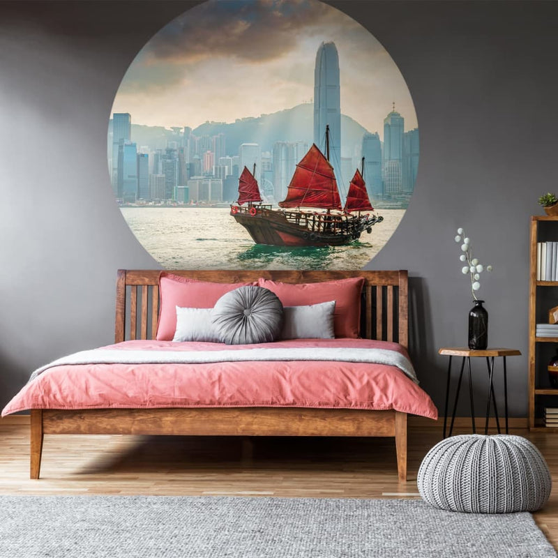 Load image into Gallery viewer, WallArt WallArt Behangcirkel Skyline with Junk Boat 142,5 cm