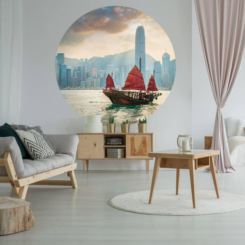 Load image into Gallery viewer, WallArt WallArt Behangcirkel Skyline with Junk Boat 142,5 cm