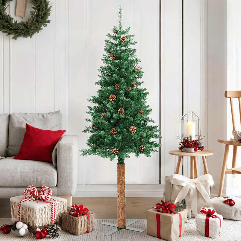 Load image into Gallery viewer, VidaXL Kerstboom met echt hout en dennenappels smal 150 cm PVC groen