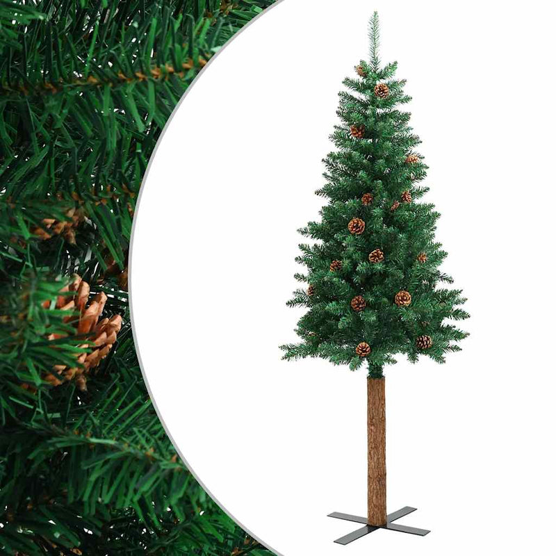 Afbeelding laden in galerijviewer, Vidaxl kerstboom met echt hout en dennenappels smal 180 cm pvc groen