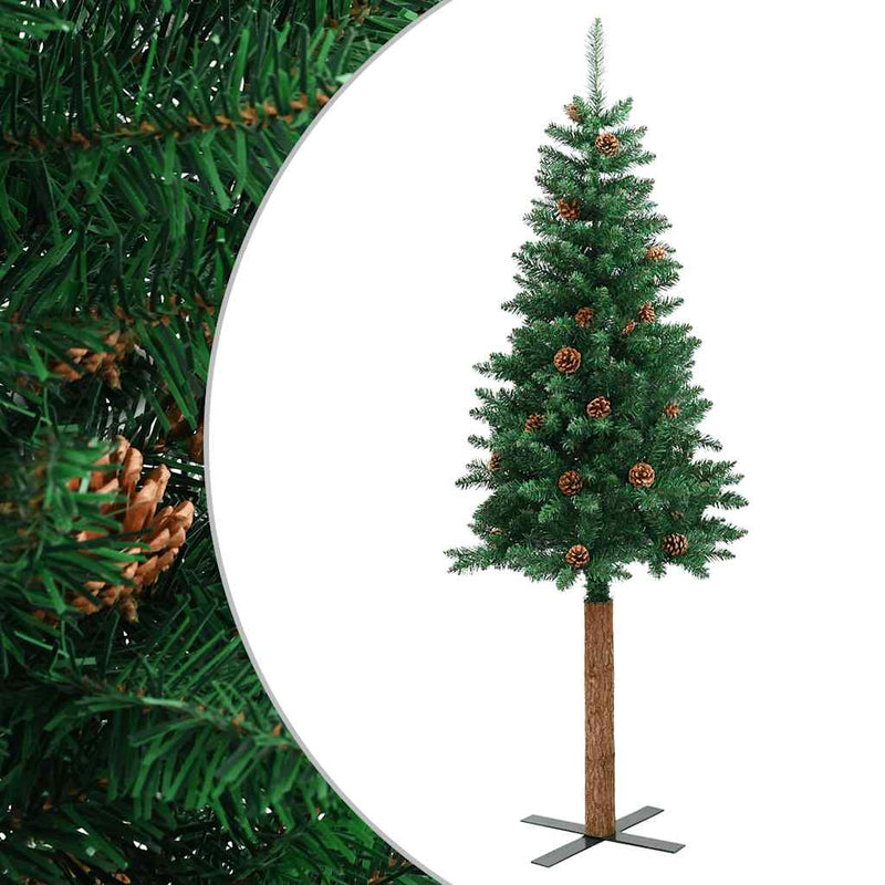 Afbeelding laden in galerijviewer, Vidaxl kerstboom met echt hout en dennenappels smal 210 cm pvc groen