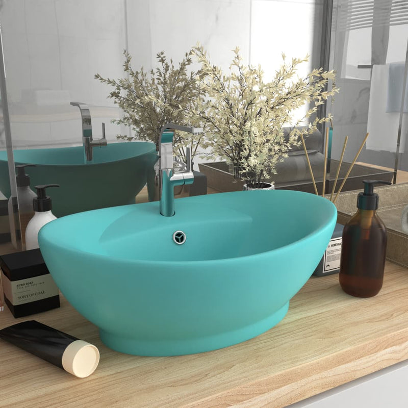 Load image into Gallery viewer, Vidaxl wastafel met overloop ovaal 58,5x39 cm keramiek mat lichtgroen