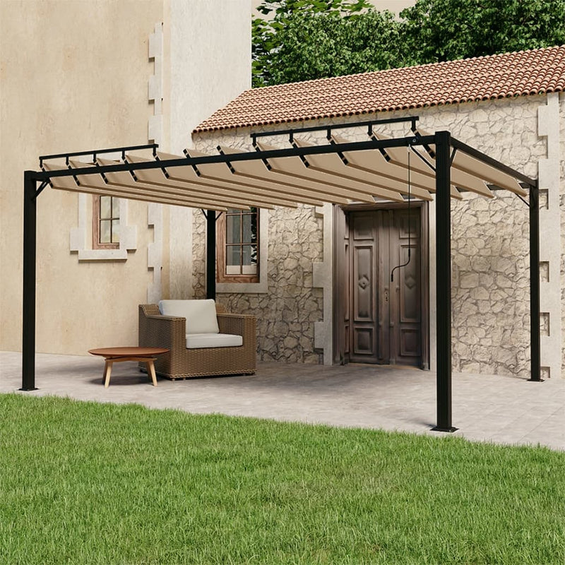 Load image into Gallery viewer, VidaXL Prieel met lamellendak 3x4 m stof en aluminium taupe