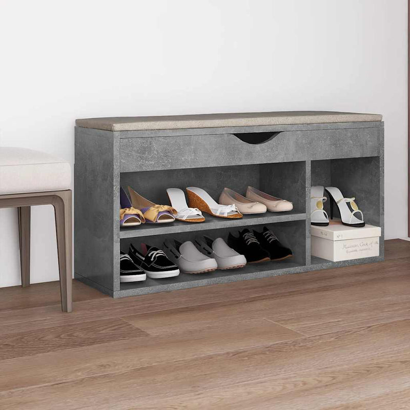 Load image into Gallery viewer, Vidaxl schoenenbank met kussen 104x30x49 cm bewerkt hout betongrijs