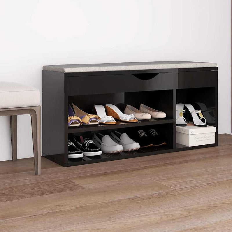 Load image into Gallery viewer, Vidaxl schoenenbank met kussen 104x30x49 cm hout hoogglans zwart